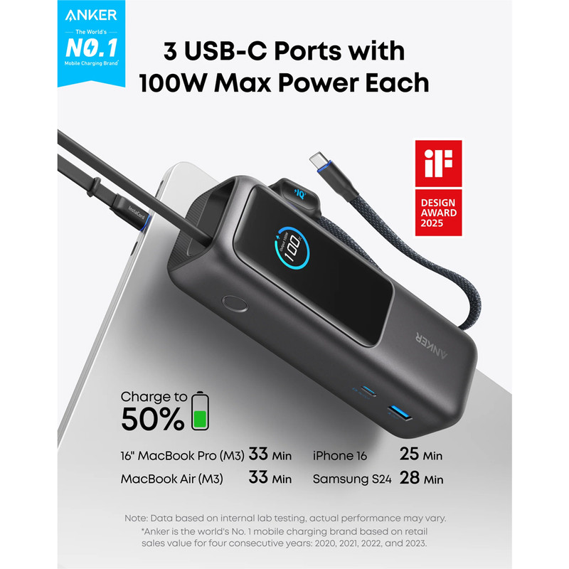 پاوربانک انکر مدل A1695 ظرفیت 25000 میلی آمپر ساعت به همراه دو کابل USB-C