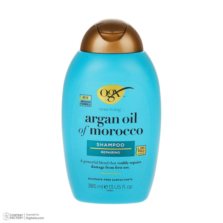 شامپو تقویت کننده و ترمیم کننده مو او جی ایکس مدل Argan Oil مناسب برای موهای آسیب دیده حجم 385 میلی لیتر