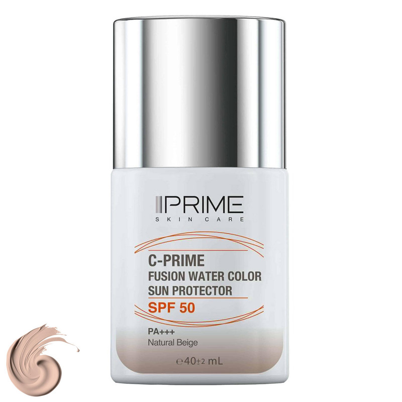 فلوئید ضد آفتاب رنگی پرایم، SPF 50، مدل فیوژن واتر، مناسب انواع پوست  با تنالیته متوسط و حجم 40 میلی لیتر، محافظت‌کننده در برابر  اشعه‌های PA++++ ،UVA ،UVB، دارای فرمولاسیون فاقد چربی، ویتامین سی و آنتی اکسیدان، با ماندگاری 4 ساعته