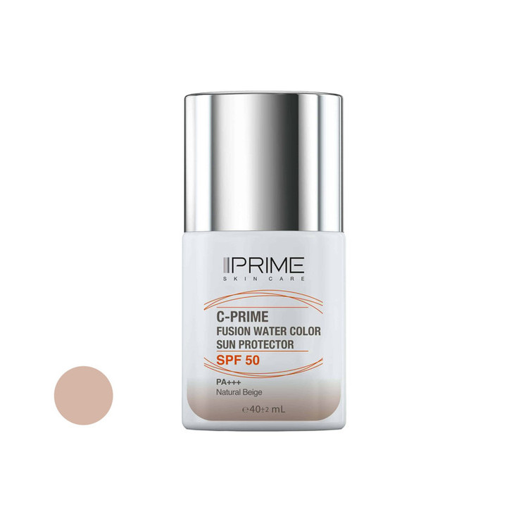 فلوئید ضد آفتاب رنگی پرایم، SPF 50، مدل فیوژن واتر، مناسب انواع پوست با تنالیته متوسط و حجم 40 میلی لیتر، محافظتکننده در برابر اشعههای PA++++ ،UVA ،UVB، دارای فرمولاسیون فاقد چربی، ویتامین سی و آنتی اکسیدان، با ماندگاری 4 ساعته
