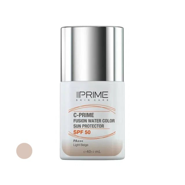 فلوئید ضد آفتاب رنگی پرایم، SPF 50، مدل فیوژن واتر، مناسب انواع پوست با تنالیته روشن و حجم 40 میلی لیتر، محافظتکننده در برابر اشعههای PA++++ ،UVA ،UVB، دارای فرمولاسیون فاقد چربی، ویتامین سی و آنتی اکسیدان، با ماندگاری 4 ساعته