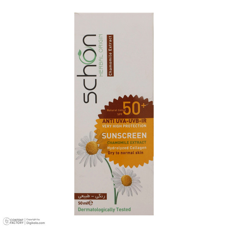 کرم ضد آفتاب رنگی شون، 50 SPF، مدل Herbal Origin، مناسب پوست خشک تا نرمال تنالیته رنگ متوسط و حجم 50 میلیلیتر، محافظت کننده در برابر اشعه UVA، UVB، IR، بافت سبک و فاقد چربی، بدون ایجاد سفیدی، آبرسان، ضد التهاب و قرمزی، نرم کننده، با ماندگاری 2 ساعته