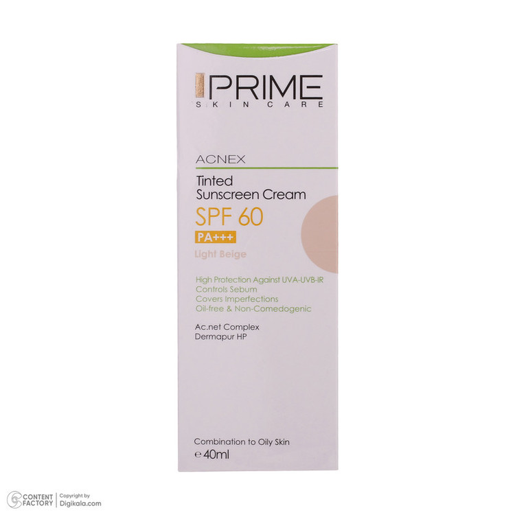 کرم ضدآفتاب رنگی پرایم SPF60 مدل Acnex، مناسب پوستهای چرب، حجم 40 میلیلیتر
