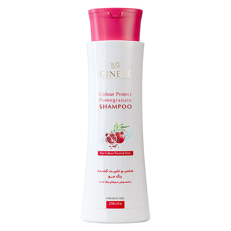 شامپو تثبیت کننده رنگ مو سینره مخصوص موهای رنگ شده، حجم 250 میلیلیتر با عصاره انار و پلیمرهای کواترنیزه