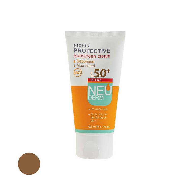 کرم ضد آفتاب رنگی نئودرم SPF 50 مدل Highly Protective Max Tinted محافظ UVA، مناسب پوستهای چرب و مختلط حجم 50 میلی لیتر