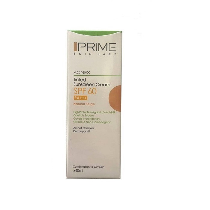 کرم ضدآفتاب رنگی پرایم، 60 SPF، مدل 02، مناسب پوست چرب و مختلط تنالیته رنگ متوسط و حجم 40 میلیلیتر، محافظت کننده در برابر اشعه UVA،IRو UVB، کنترل کننده ترشح سبوم، فاقد چربی و غیر کومدونزا، +++PA، پوشش دهنده جای جوش، با ماندگاری 3 ساعته