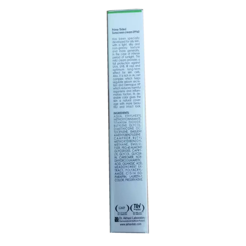 کرم ضدآفتاب رنگی پرایم، 60 SPF، مدل 02، مناسب پوست چرب و مختلط تنالیته رنگ متوسط و حجم 40 میلیلیتر، محافظت کننده در برابر اشعه UVA،IRو UVB، کنترل کننده ترشح سبوم، فاقد چربی و غیر کومدونزا، +++PA، پوشش دهنده جای جوش، با ماندگاری 3 ساعته