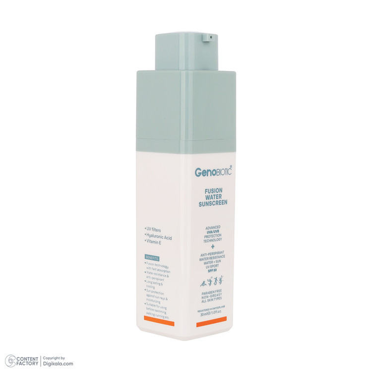 کرم ضدآفتاب بیرنگ ژنوبایوتیک، مدل Fusion water، حاوی محافظ UVA ،UVB، ضدآب، فاقد چربی، بدون پارابن، حاوی ویتامین E و هیالورونیک اسید مناسب انواع پوست، حجم 30 میلیلیتر