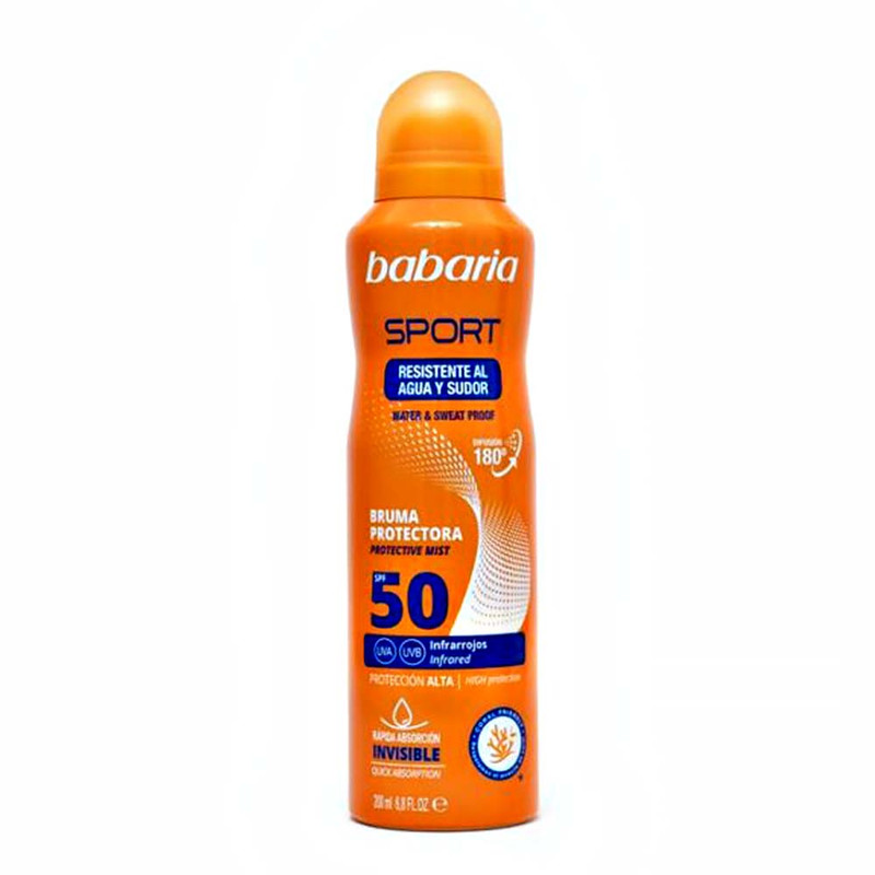 اسپری ضد آفتاب بی‌رنگ بدن، دست باباریا SPF 50 مدل Sport ‌مناسب برای انواع پوست حجم 200 میلی‌لیتر