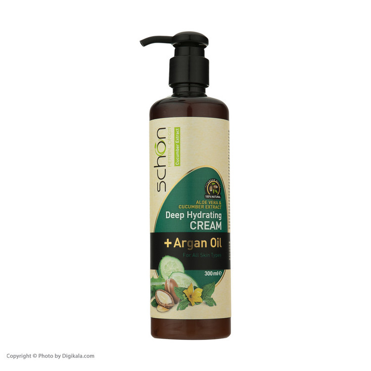 کرم مرطوبکننده شون، مدل Cucumber، مناسب انواع پوست، با عصاره خیار، حاوی روغن آرگان، مناسب استفاده برای دست و صورت، حجم 300 میلیلیتر