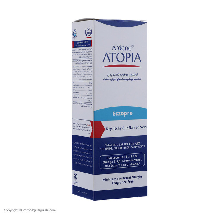 لوسیون بدن مرطوبکننده آردن آتوپیا مدل Eczopro حجم 200 میلیلیتر مناسب پوست خشک و درماتیت آتوپیک، فاقد عطر و الکل، حاوی هیالورونیک اسید %1.5، سرامید، گلیسیرین، تقویتکننده سد دفاعی پوست و ضد خارش