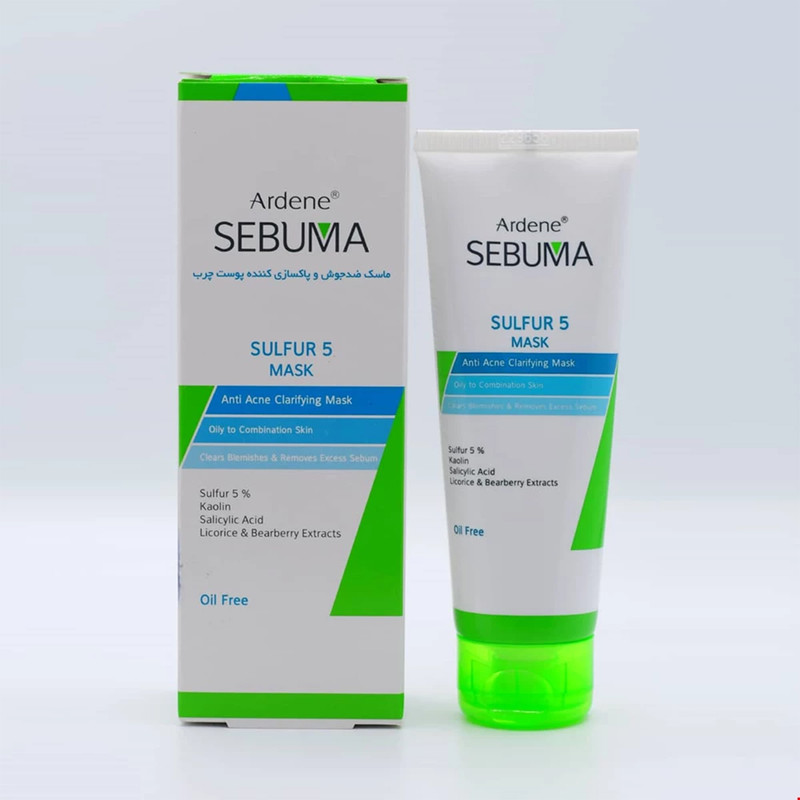 ماسک صورت آردن سبوما مدل Sulfur 5 حجم 75 میلیلیتر مناسب پوست مختلط با خاصیت ضد جوش، پاکسازی منافذ، جذب چربی اضافه، التیامدهنده و بازسازیکننده پوست، حاوی عصاره لیکوریس، چای سبز و آویشن