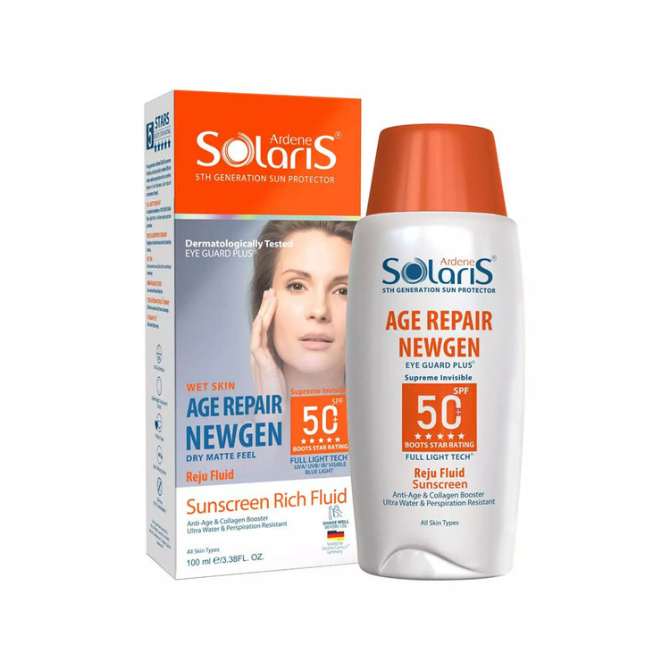 لوسیون ضد آفتاب بیرنگ آردن سولاریس، SPF 50، مدل Age Repair Newgen، مناسب انواع پوست با حجم 100 میلی لیتر، ضد آب و محافظتکننده در برابر اشعههای PA++++ ،UVA ،UVB، ضد پیری، دارای فرمولاسیون کلاژن، با ماندگاری ۲ ساعته