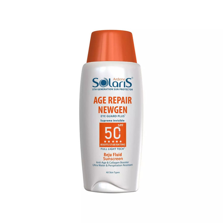 لوسیون ضد آفتاب بیرنگ آردن سولاریس، SPF 50، مدل Age Repair Newgen، مناسب انواع پوست با حجم 100 میلی لیتر، ضد آب و محافظتکننده در برابر اشعههای PA++++ ،UVA ،UVB، ضد پیری، دارای فرمولاسیون کلاژن، با ماندگاری ۲ ساعته