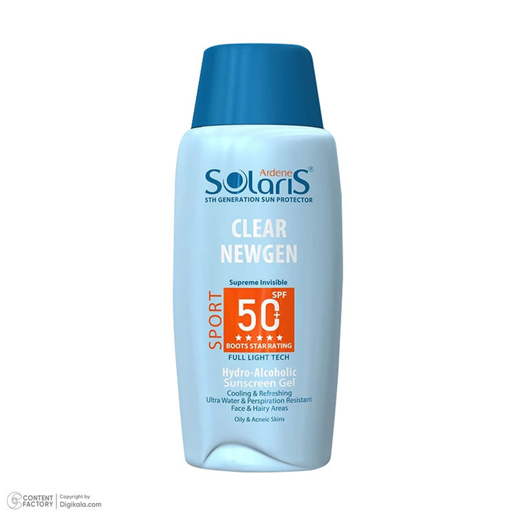 ژل ضدآفتاب بیرنگ آردن سولاریس SPF50 مدل Clear Newgen، مناسب پوستهای چرب، حجم 100 میلیلیتر