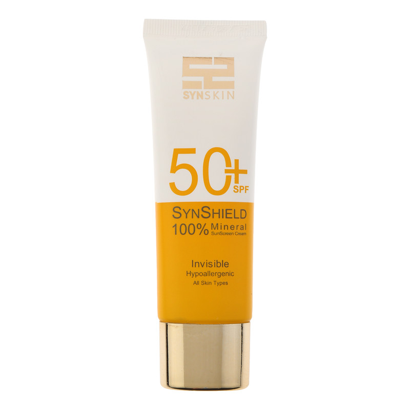 کرم ضد آفتاب بدون رنگ ساین اسکین SPF 50 مدل SYN Shield Mineral محافظ UVA ،UVB، ضد حساسیت، مناسب انواع پوست حجم 50 میلیلیتر