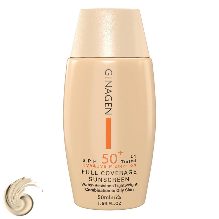 کرم ضد آفتاب رنگی ژیناژن، SPF 50، مدل 01، مناسب پوستهای چرب و مختلط با تنالیته روشن و حجم 50 میلیلیتر، ضد آب، محافظتکننده در برابر اشعههای UVA و UVB، ضد چروک، ضد لک و پیری، دارای فرمولاسیون مواد و املاح معدنی، با ماندگاری 2 ساعته