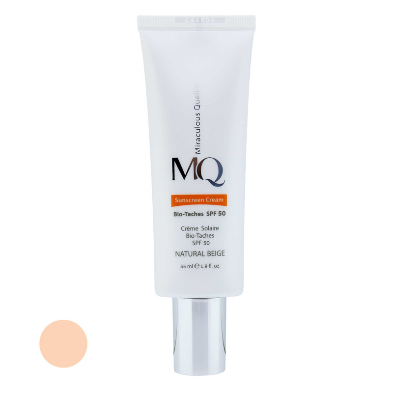 کرم ضدآفتاب رنگی ام کیو SPF50 مدل NATURAL BEIGE BIO TACHES مناسب انواع پوست، حجم 55 میلیلیتر