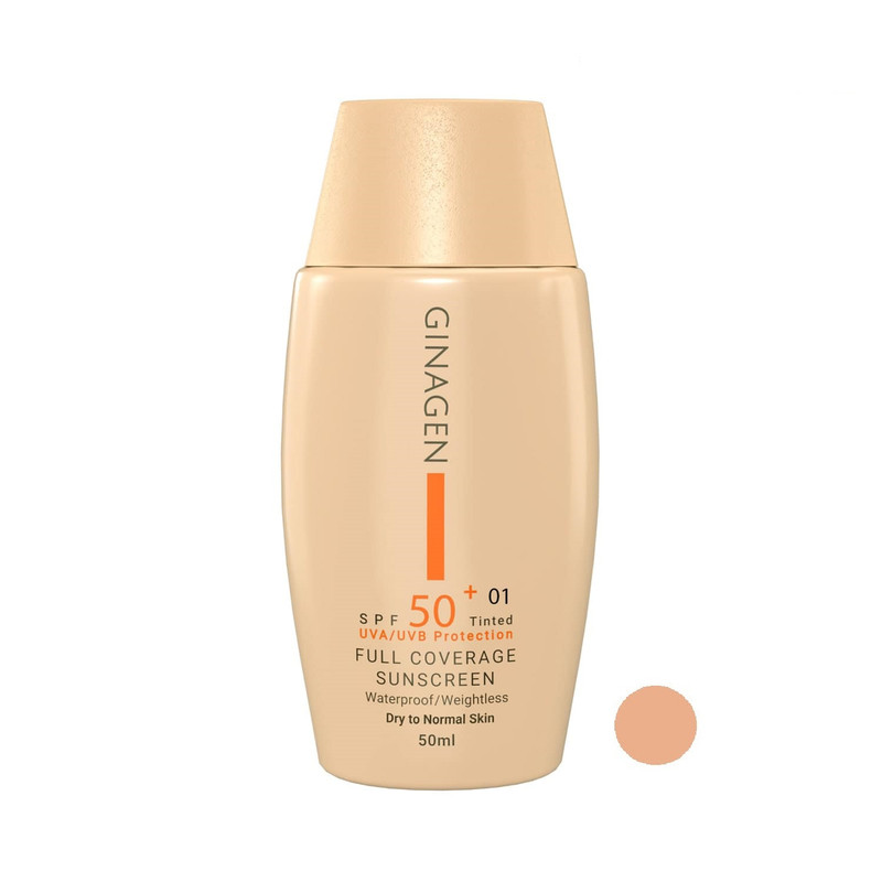کرم ضد آفتاب رنگی ژیناژن، SPF 50، مدل 01، مناسب پوستهای خشک و نرمال با تنالیته متوسط و حجم 50 میلیلیتر، ضد آب، فاقد پارابن، محافظتکننده در برابر اشعههای UVA و UVB، ارای فرمولاسیون بدون الکل و گلیسیرین غنی شده با ویتامین E، با ماندگاری 4 ساعته