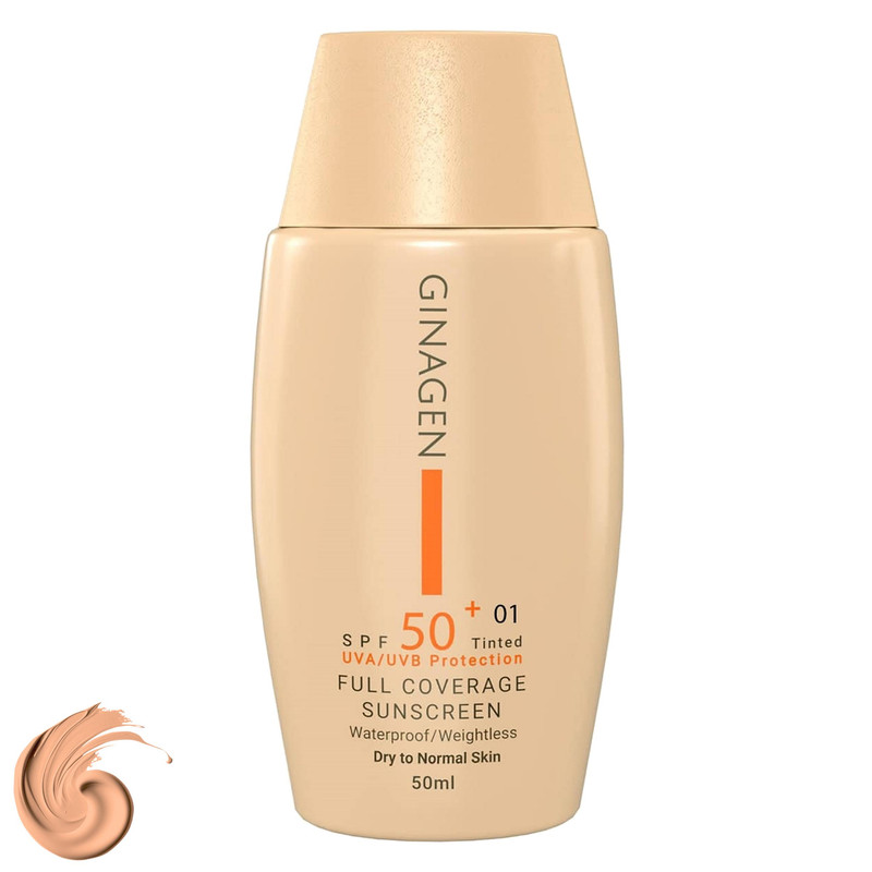 کرم ضد آفتاب رنگی ژیناژن، SPF 50، مدل 01، مناسب پوستهای خشک و نرمال با تنالیته متوسط و حجم 50 میلیلیتر، ضد آب، فاقد پارابن، محافظتکننده در برابر اشعههای UVA و UVB، ارای فرمولاسیون بدون الکل و گلیسیرین غنی شده با ویتامین E، با ماندگاری 4 ساعته