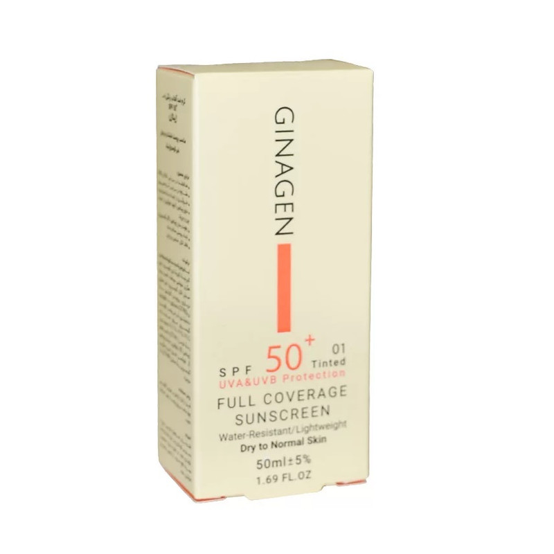 کرم ضد آفتاب رنگی ژیناژن، SPF 50، مدل 01، مناسب پوستهای خشک و نرمال با تنالیته متوسط و حجم 50 میلیلیتر، ضد آب، فاقد پارابن، محافظتکننده در برابر اشعههای UVA و UVB، ارای فرمولاسیون بدون الکل و گلیسیرین غنی شده با ویتامین E، با ماندگاری 4 ساعته