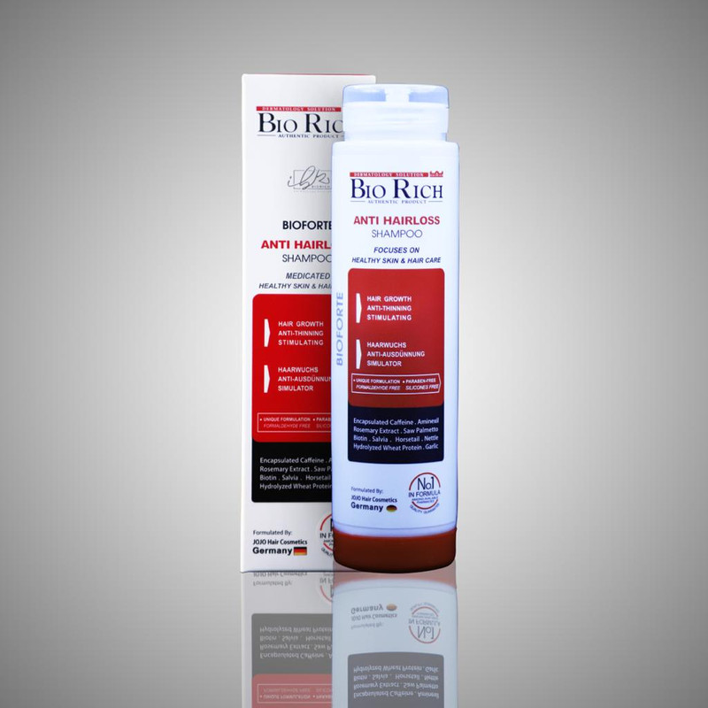 شامپو روزانه تقویتکننده و ضد ریزش مو بایوریچ مخصوص انواع مو، حجم 250 میلیلیتر مدل ANTI HAIR LOSS، حاوی کراتین، بدون سولفات، حجمدهنده و ترمیمکننده با عصاره مریم گلی، گزنه و، رزماری