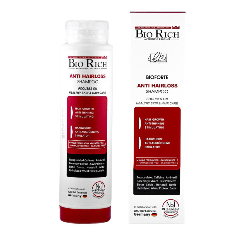 شامپو روزانه تقویتکننده و ضد ریزش مو بایوریچ مخصوص انواع مو، حجم 250 میلیلیتر مدل ANTI HAIR LOSS، حاوی کراتین، بدون سولفات، حجمدهنده و ترمیمکننده با عصاره مریم گلی، گزنه و، رزماری