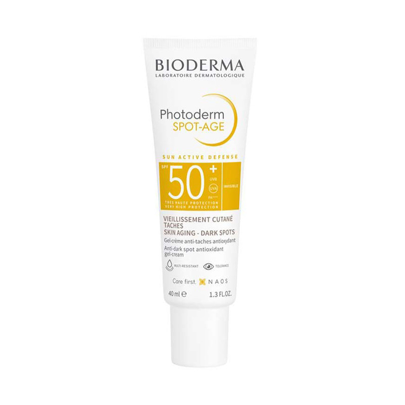 ژل ضد آفتاب بدون رنگ بایودرما +SPF50 مدل Photoderm Spot-Age محافظ UVA ،UVB و PA++++، ضد لک، ضد پیری، ضد آب، مناسب انواع پوست حجم 40 میلیلیتر