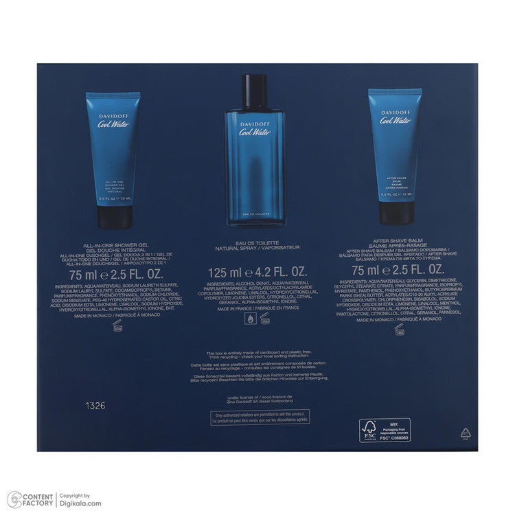 ست ادوتویلت مردانه دیویدف مدل Cool Water حجم 100 میلی لیتر به همراه شامپو بدن مردانه دیویدف مدل Cool Water حجم 75 میلی لیتر و افترشیو مردانه دیویدف مدل Cool Water حجم 75 میلی لیتر