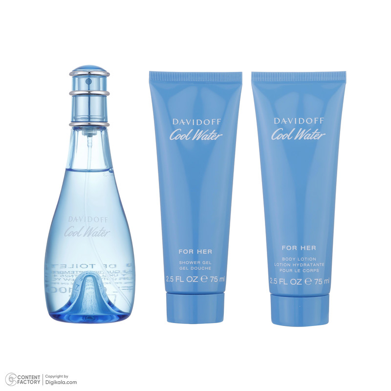 ست ادوپرفیوم زنانه دیویدف مدل Cool Water حجم 100 میلی لیتر به همراه لوسیون بدن زنانه دیویدف مدل Cool Water حجم 75 میلی لیتر و شامپو بدن زنانه دیویدف مدل Cool Water حجم 75 میلی لیتر