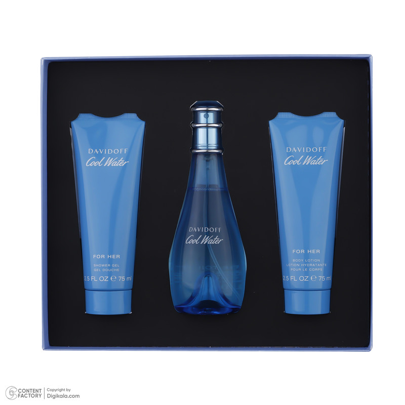 ست ادوپرفیوم زنانه دیویدف مدل Cool Water حجم 100 میلی لیتر به همراه لوسیون بدن زنانه دیویدف مدل Cool Water حجم 75 میلی لیتر و شامپو بدن زنانه دیویدف مدل Cool Water حجم 75 میلی لیتر