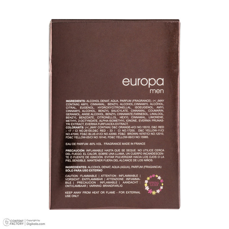 ادو پرفیوم مردانه اسپرینگ لیلیز مدل Europa Men با رایحه گرم حجم 100 میلی لیتر