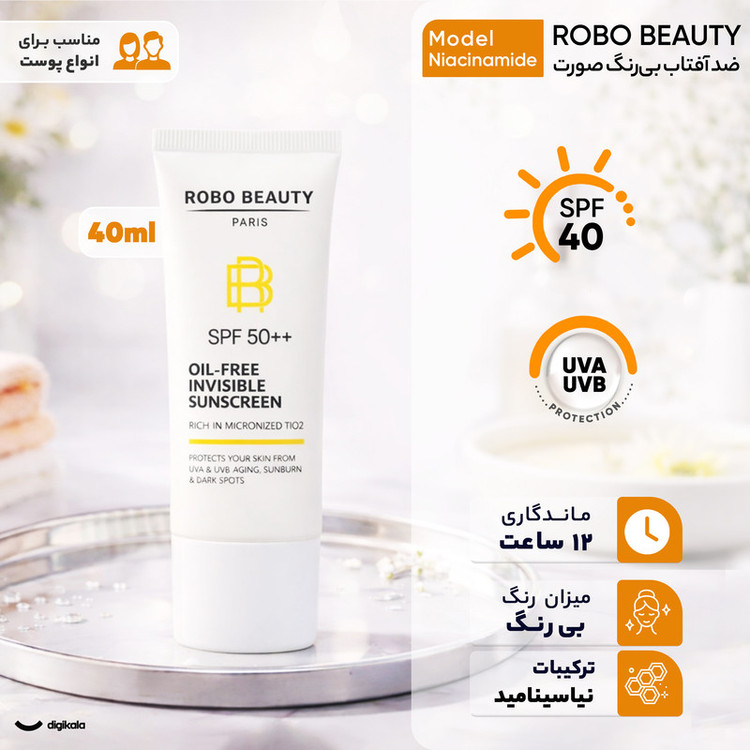 کرم ضد آفتاب بیرنگ صورت روبو بیوتی SPF 50 مدل Niacinamide محافظ UVA،UVB مناسب برای انواع پوست حجم 40 میلی لیتر