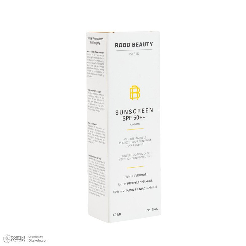 کرم ضد آفتاب بیرنگ صورت روبو بیوتی SPF 50 مدل Niacinamide محافظ UVA،UVB مناسب برای انواع پوست حجم 40 میلی لیتر