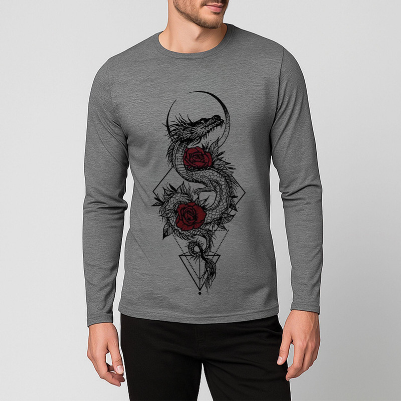 تی شرت آستین بلند مردانه مدل اژدها و گل F394