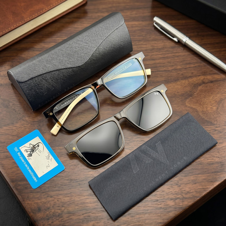 فریم عینک طبی ویفرر (Wayfarer) آلبرت وگ مدل CG-7703-C526-P97 Polarized Double Switch مناسب برای انواع صورت به همراه کاور آفتابی