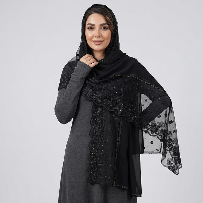 شال زنانه مدل مجلسی ساده حریر کرپ حاشیه گیپور نگین حرارتی کد ۲