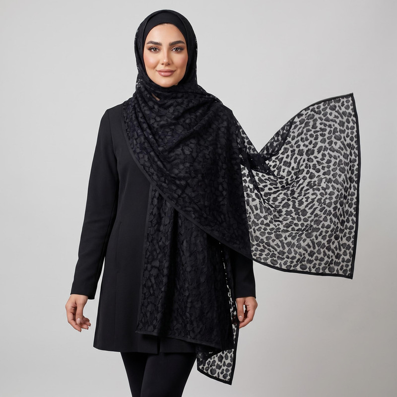 شال زنانه مدل توری پلنگی طرح برجسته نوار دوزی تابستانی