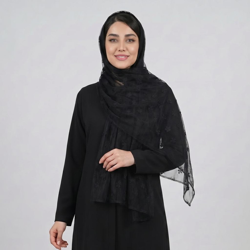 شال زنانه مدل توری گل گلی برجسته دور نوار ‌دوزی مجلسی
