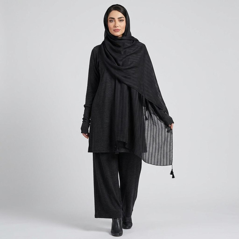 شال زنانه مدل ساده نخی راه راه منگوله دار چهار فصل