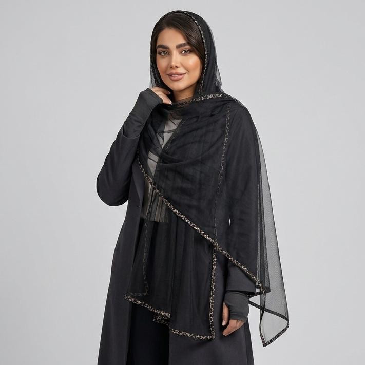 شال زنانه مدل توری ساده دور نوار پلنگی دوزی
