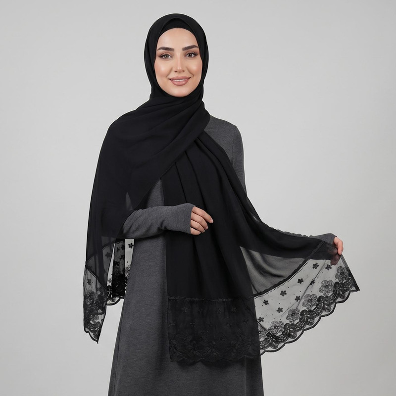 شال زنانه مدل مجلسی حریر کرپ ساده حاشیه گیپور نگین