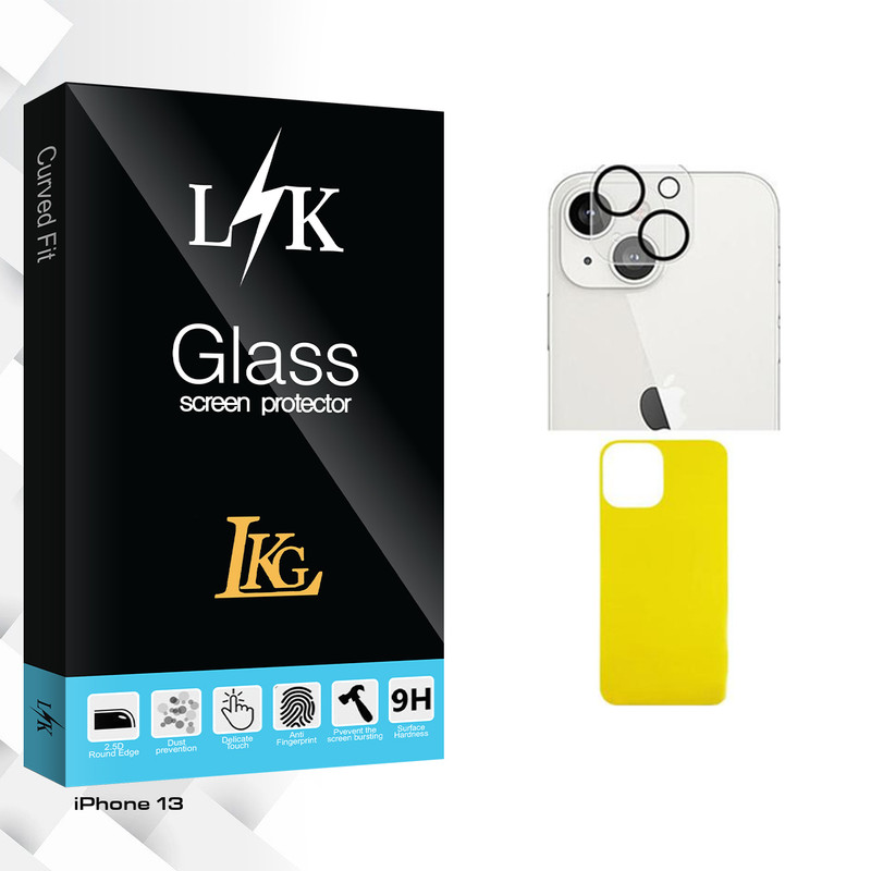 محافظ پشت گوشی ال کا جی مدل LK Glass FLL مناسب برای گوشی موبایل اپل iPhone 13 به همراه محافظ لنز دوربین