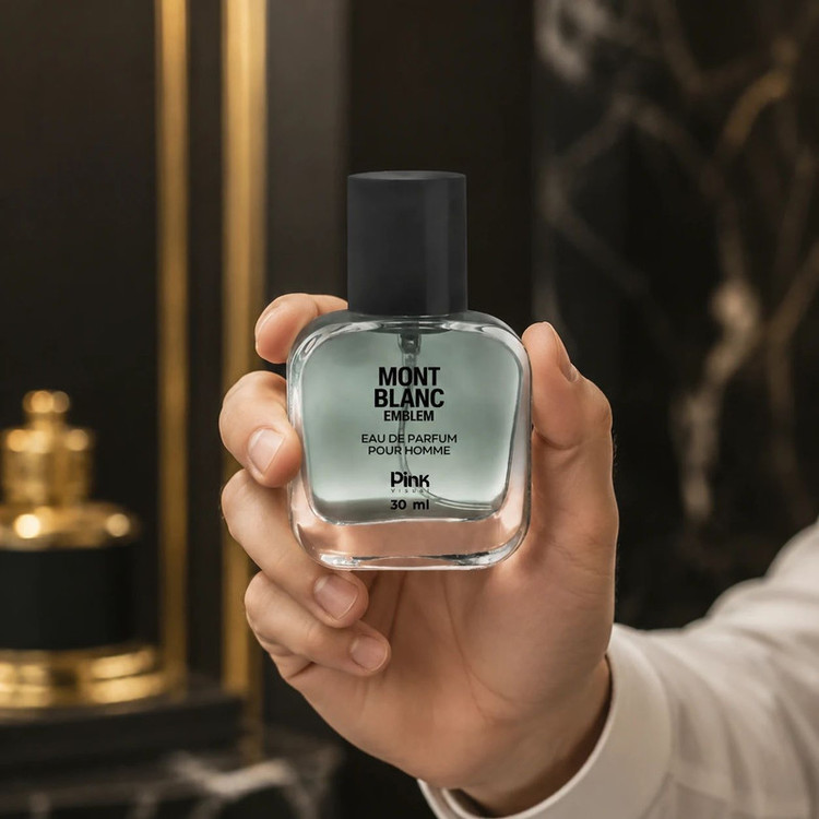 عطر جیبی مردانه پینک ویژوآل مدل Mont Blanc Emblem با رایحه گرم و چوبی حجم 30 میلیلیتر