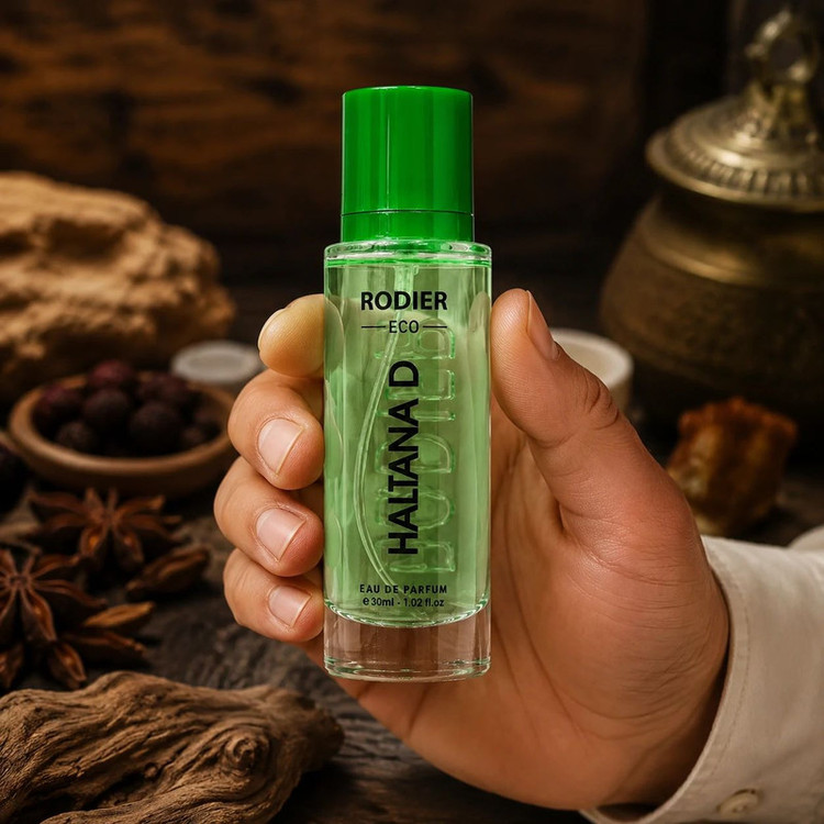 عطر جیبی مردانه رودیر مدل Haltana D با رایحه گرم و چوبی حجم 30 میلیلیتر