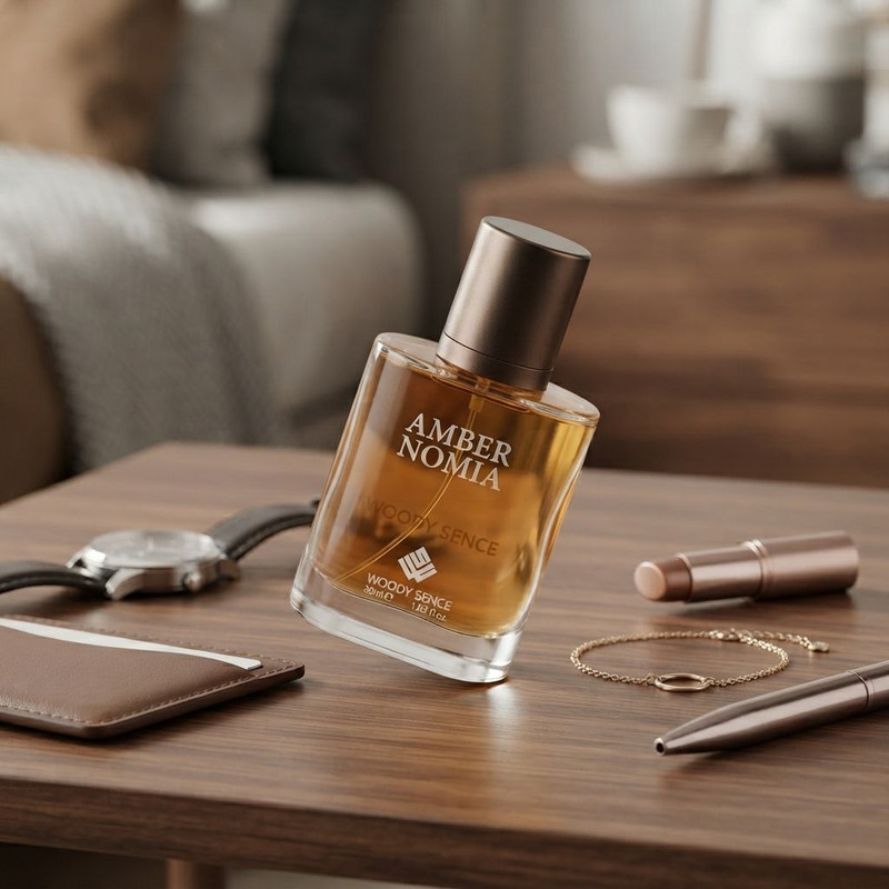عطر جیبی وودی سنس مدل Amber Nomia با رایحه تلخ و چوبی حجم 30 میلیلیتر