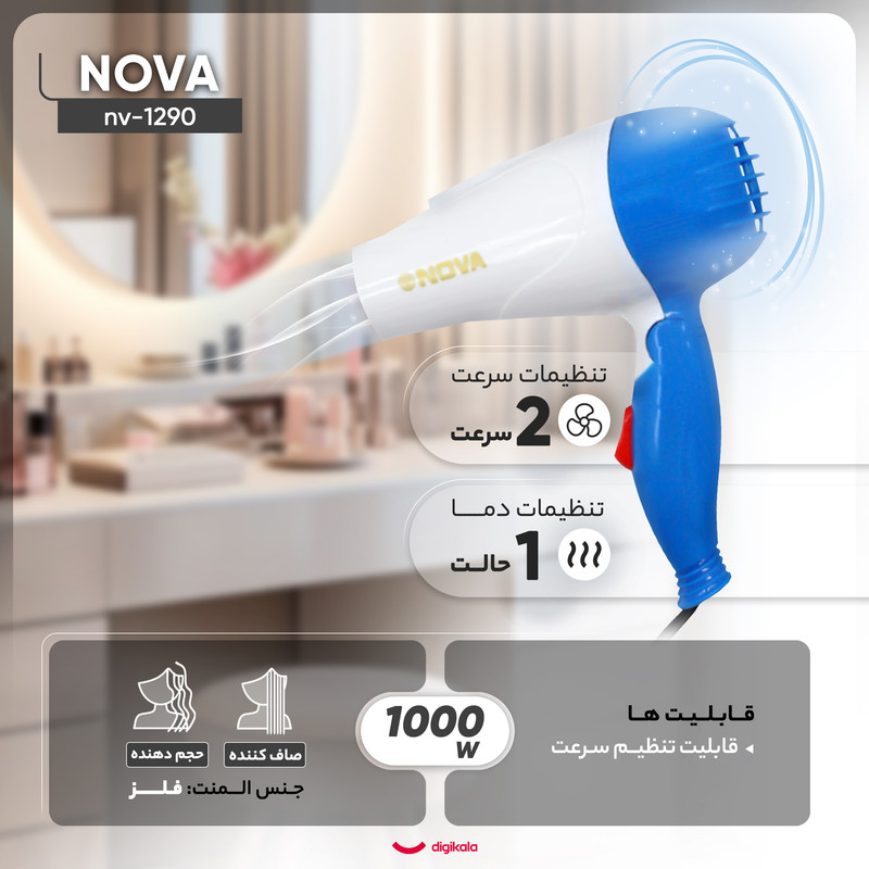 سشوار مسافرتی 1000 وات نوا مدل NV-1290، موتور AC، وزن 160 گرم، المنت فلز با ویژگی صافکنندگی، حجمدهندگی، با قابلیت باد سرد