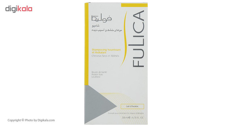 شامپو تقویتکننده مو فولیکا مخصوص موهای خشک و آسیبدیده، حجم 200 میلیلیتر مدل Nourishing And Hydrating، حاوی کراتین و ترکیبات نرمکننده، مرطوبکننده، لطافتبخش، براقکننده، با عصارههای جو دوسر و شی باتر