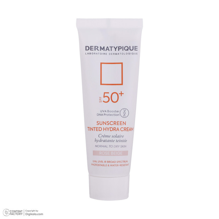 کرم ضد آفتاب رنگی درماتیپیک، 50 SPF، مدل هیدرا، مناسب پوست نرمال تا خشک تنالیته رنگ روشن و حجم 50 میلیلیتر، محافظت کننده در برابر اشعه UVA، UVB، IR، ضد آب، ضد خطوط ریز و پیری پوست، مرطوب کننده، التیامبخش، با ماندگاری 2 ساعته