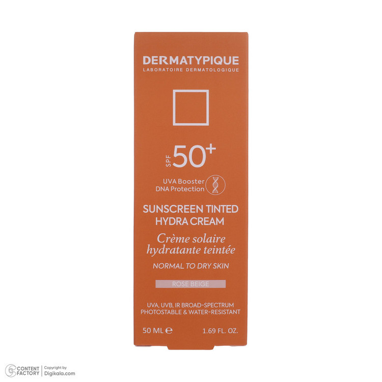 کرم ضد آفتاب رنگی درماتیپیک، 50 SPF، مدل هیدرا، مناسب پوست نرمال تا خشک تنالیته رنگ روشن و حجم 50 میلیلیتر، محافظت کننده در برابر اشعه UVA، UVB، IR، ضد آب، ضد خطوط ریز و پیری پوست، مرطوب کننده، التیامبخش، با ماندگاری 2 ساعته